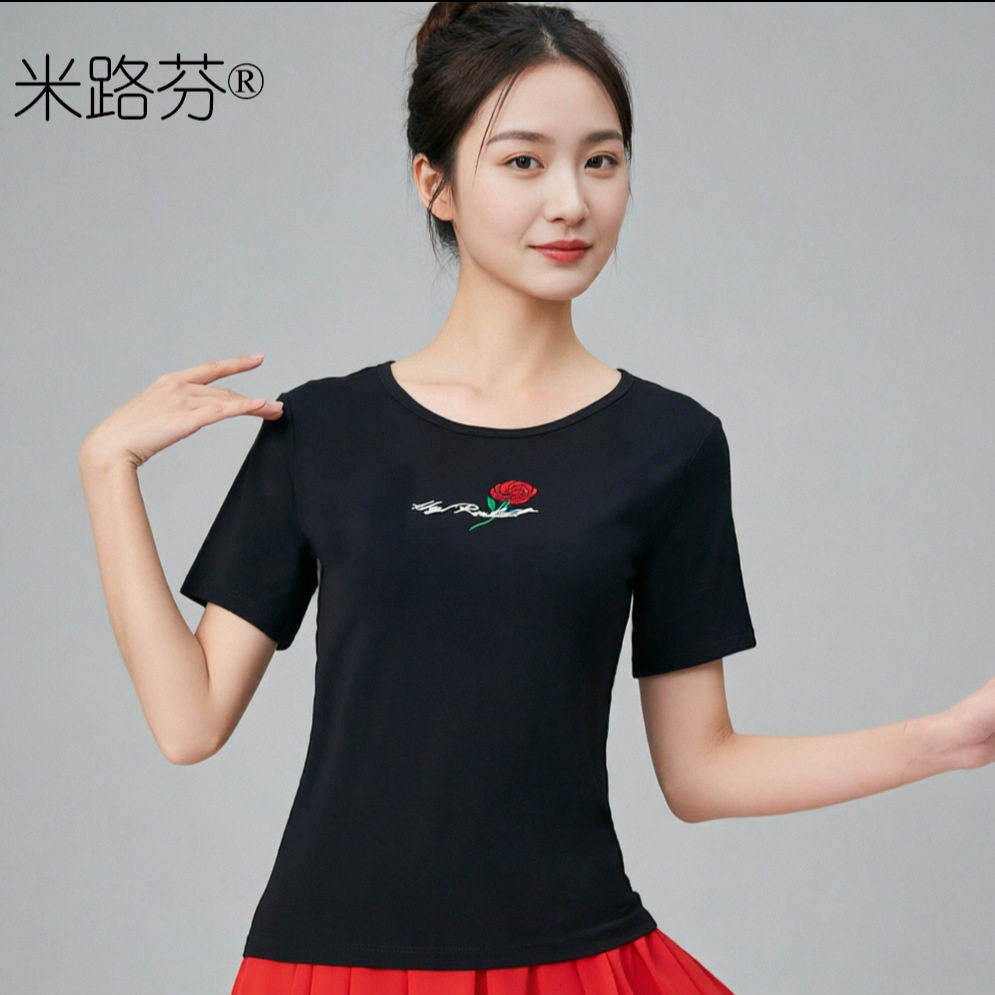 夏季短袖广场舞服装新款上衣舞蹈服莫代尔中老年刺绣练功跳舞衣服