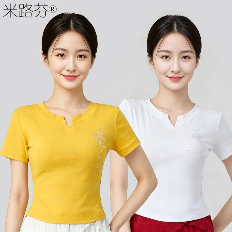 夏季新款短袖闪钻休闲显瘦修身运动健身跳舞T恤上衣女V领时尚百搭