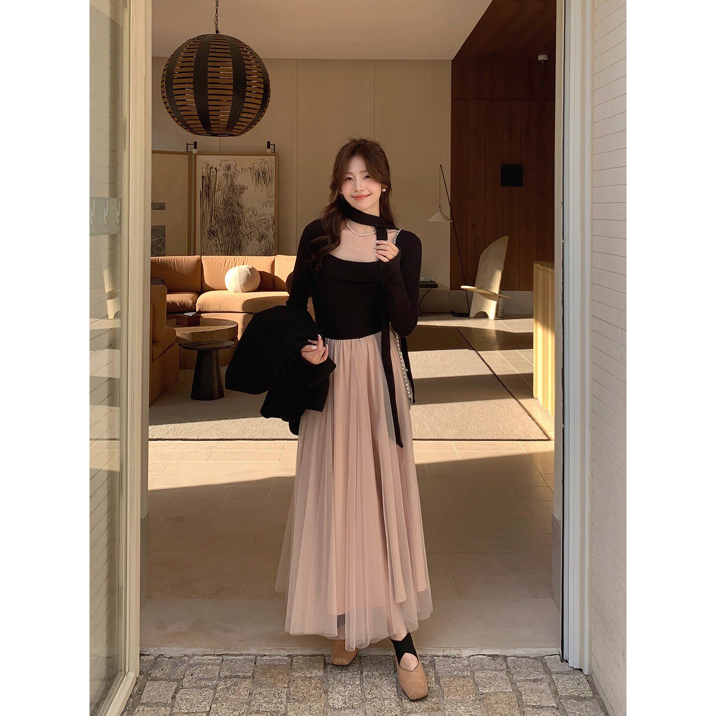 法式长袖拼接连衣裙子女2025秋冬季新款富家千金特别漂亮掐腰长裙