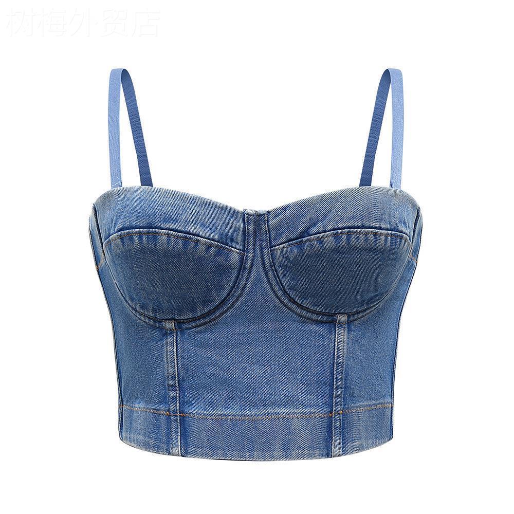 Denim camisole tops for women牛仔吊带背心欧美短款修身性感露