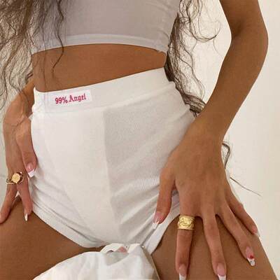 Summer White Letter Embroidery Biker Shorts Women Ribber Kni