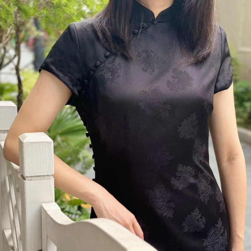 花萝底桑蚕丝牡丹提花黑色超长旗袍新中式连衣裙女夏季国风礼服