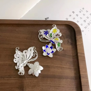 999足银手工银饰蝴蝶戏花景泰蓝挂件烧蓝花配件纯银古风纯银胸针