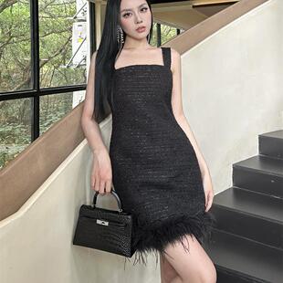 名媛小香风拼接羽毛裙摆连衣裙修身显瘦打底短裙子毛呢吊带裙秋冬