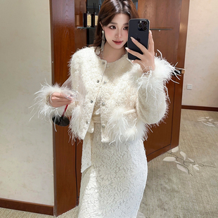 小香风羽毛装饰短外套女秋冬加厚保暖羽绒服高级感千金风气质上衣