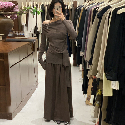 一字肩收腰打结绑带针织衫上衣