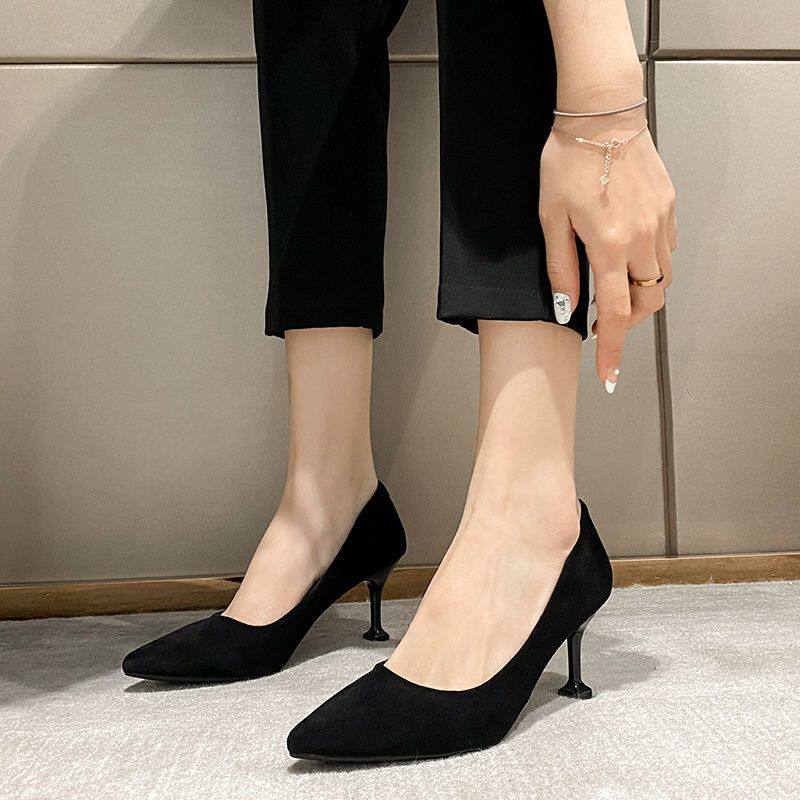 高跟鞋女黑色职业细跟学生礼仪舒服正装上班尖头春秋季节百搭单鞋