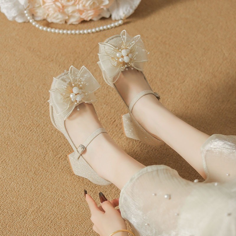 玛丽珍鞋女2025年新款方头一字带蝴蝶结单鞋珍珠百搭仙女风高跟鞋