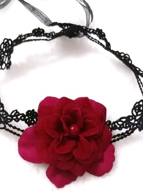 女高级设计感小众气质范简约玫瑰花朵短款锁骨链绒布花朵颈链颈带
