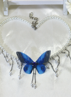 蓝蝴蝶森系项链女轻奢复古百搭简约小众设计感珍珠流苏项圈锁骨链