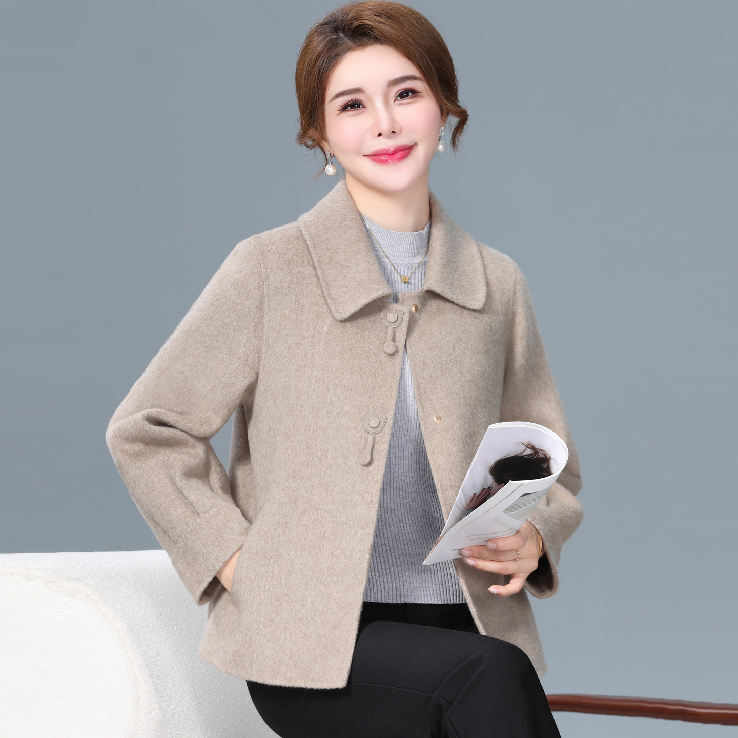 双面羊绒大衣女短款小个子秋冬新款高端气质中老年妈妈羊毛呢外套