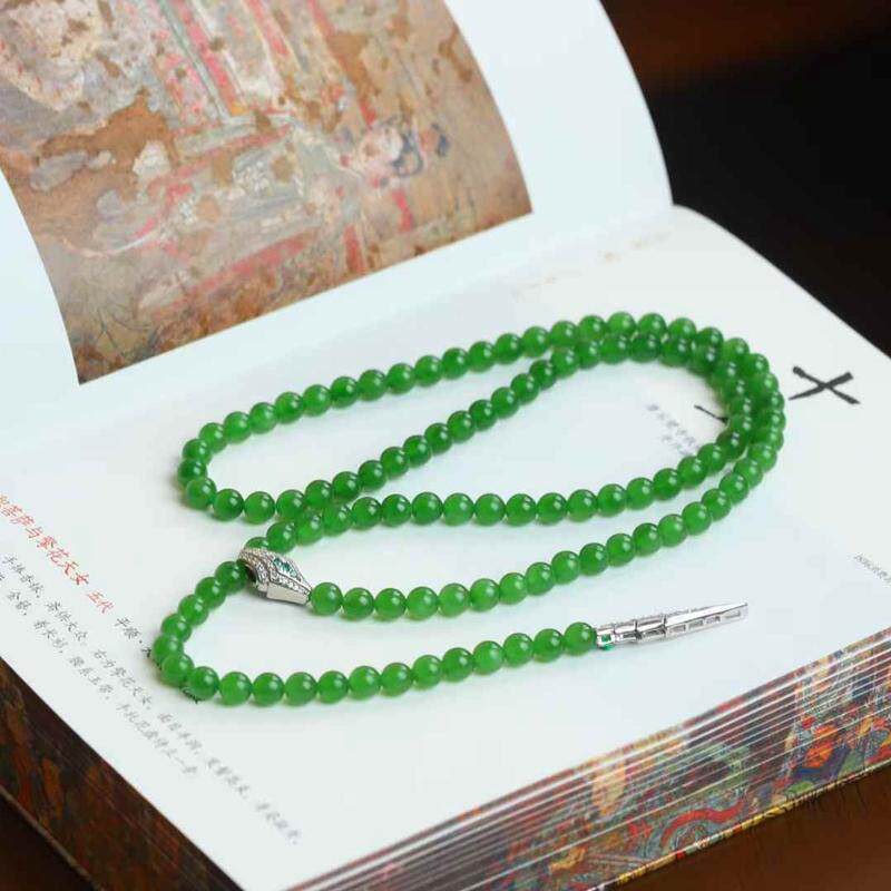 玉器工艺品天然新疆和田玉俄料碧玉冰阳绿玉石项链女款银蛇项链