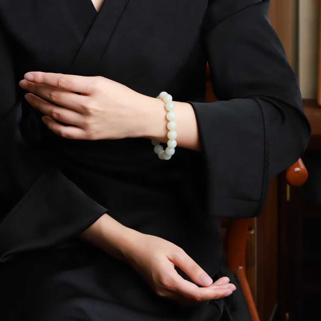 玉器工艺品天然新疆和田玉米达料羊脂级白玉圆珠手串男女手串送证