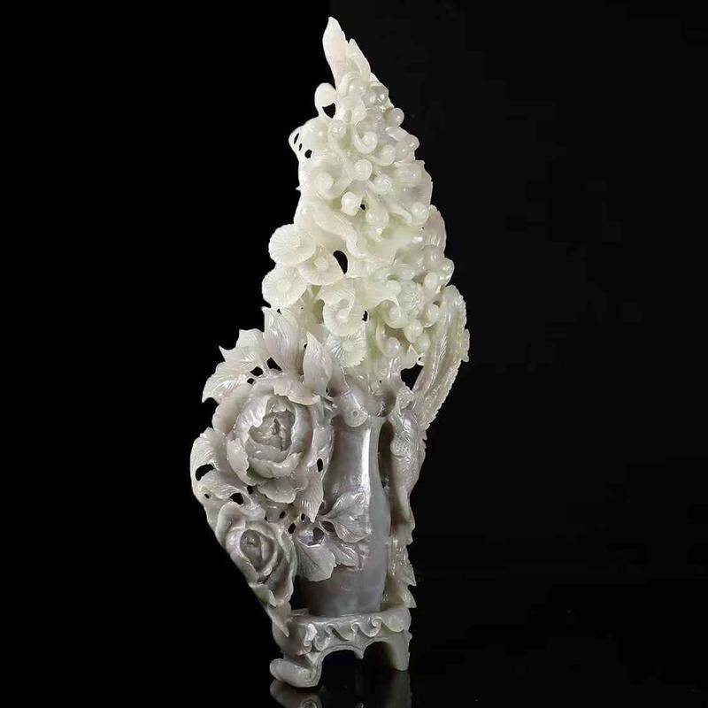 玉器工艺品天然新疆和田玉青海料老料烟紫色凤凰戏牡丹摆件送证书