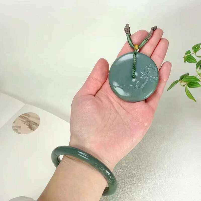玉器工艺品天然新疆和田玉碧玉沙枣青老料荷韵套镯女式手镯附证
