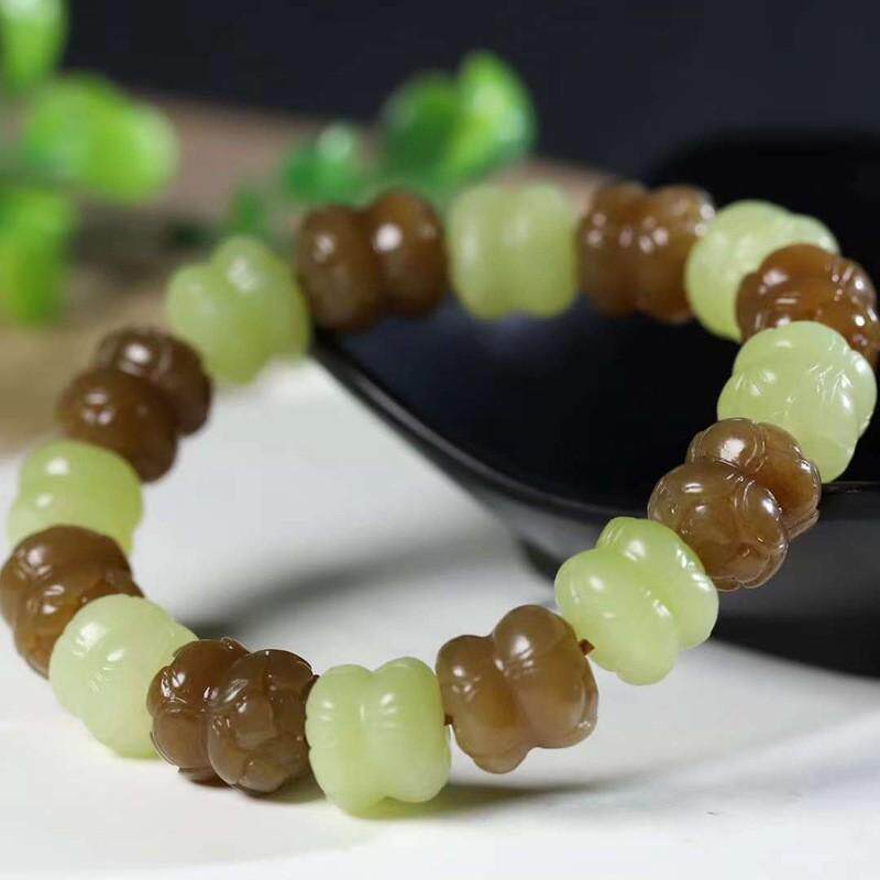 玉器工艺品天然新疆和田玉若羌黄口加且末糖料并蒂莲手串男女手链