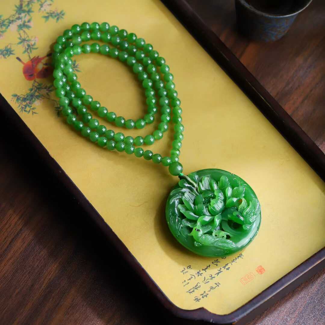 玉器工艺品天然和田玉俄料碧玉老料菠菜绿牡丹花 108珠链套装女款