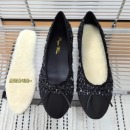 女 圆头浅口单鞋 真皮羊毛小香风亮片蝴蝶结平底鞋 加绒保暖芭蕾舞鞋