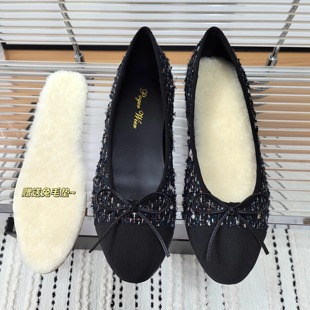 真皮羊毛小香风亮片蝴蝶结平底鞋加绒保暖芭蕾舞鞋圆头浅口单鞋女