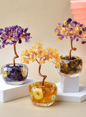 水晶发招财树家居办公室桌面摆件玻璃缸水晶碎石发财树