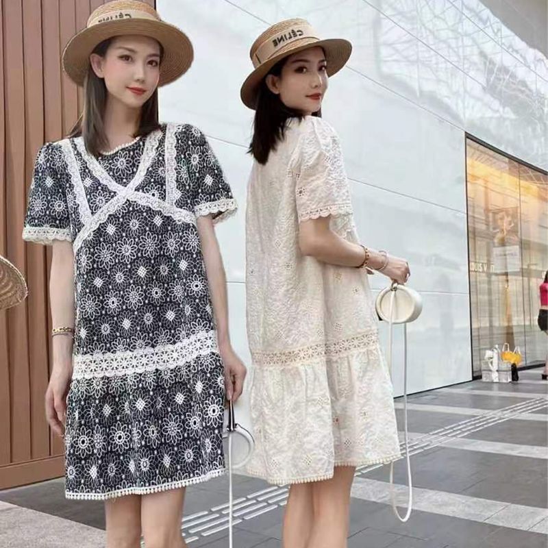 欧洲站2025夏装女新款欧货潮时尚蕾丝镂空提花中长款短袖连衣裙女