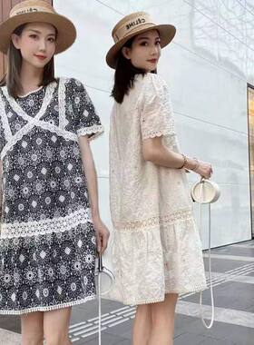 欧洲站2026夏装女新款欧货潮时尚蕾丝镂空提花中长款短袖连衣裙女