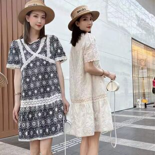 欧洲站2026夏装女新款欧货潮时尚蕾丝镂空提花中长款短袖连衣裙女