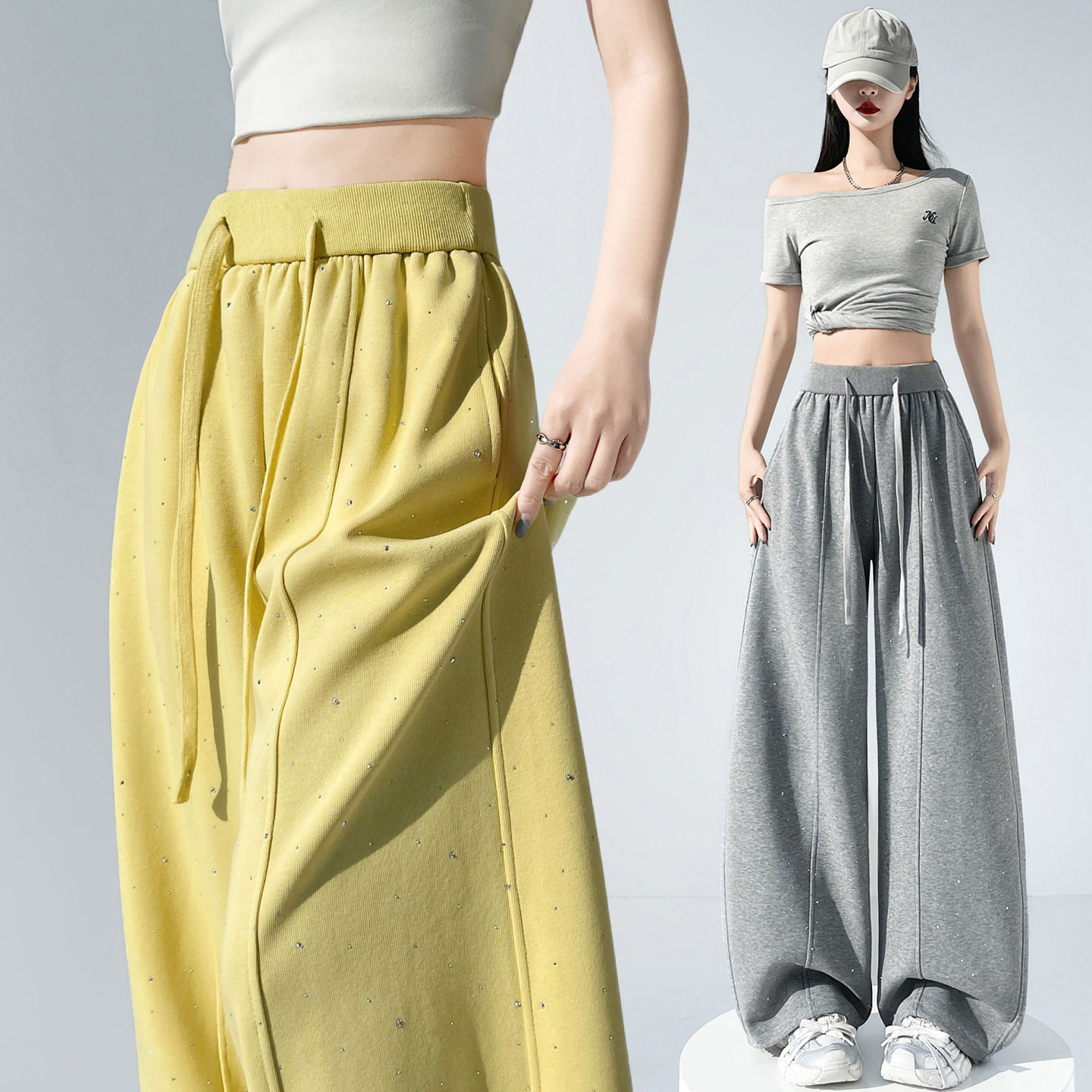 2026春季新款烫钻运动卫裤女时尚宽松休闲弯刀裤垂感直筒阔腿裤子