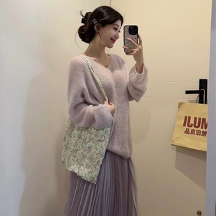 温柔慵懒风V领宽松针织衫 春秋新款 香芋紫软糯马海毛毛衣上衣女薄