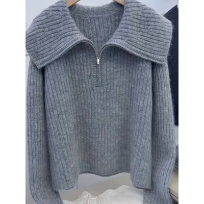 半拉链海军领秋冬新款丝光羊毛衫女翻领套头毛衣宽松针织打底上衣