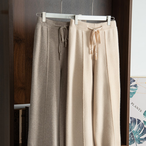 针织阔腿裤女新款高腰抽绳直筒显瘦拖地裤百搭休闲针织显瘦长裤子