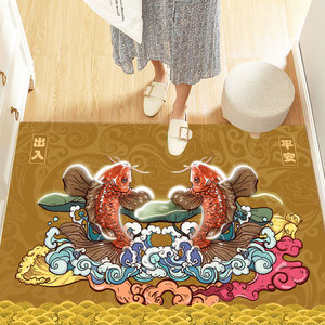 皮革招财双锦鲤土黄色入户门厅地垫蓝色玄关进门防滑免洗门口脚垫