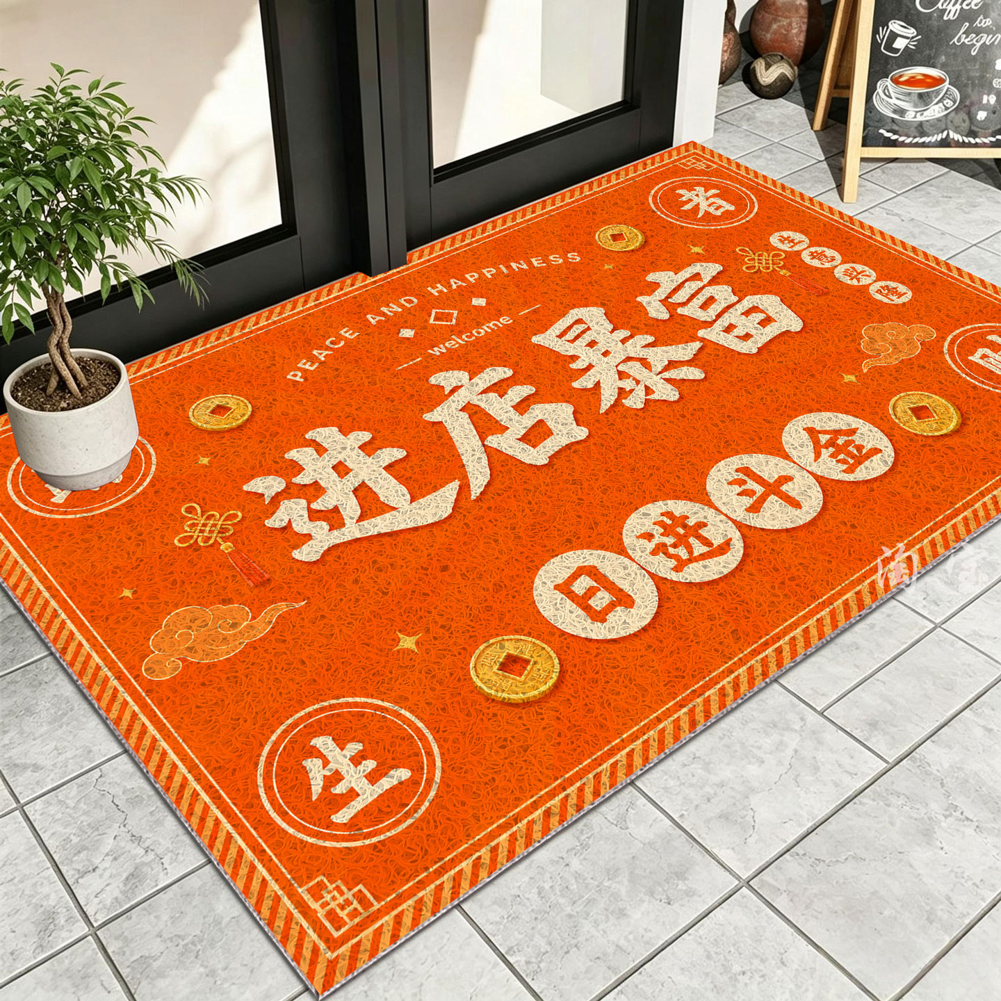 橙色丝圈室外地垫可定制加logo