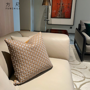 FANCY轻奢灰黄咖色皮绒抱枕沙发手工编织靠包样板房间设计师靠垫