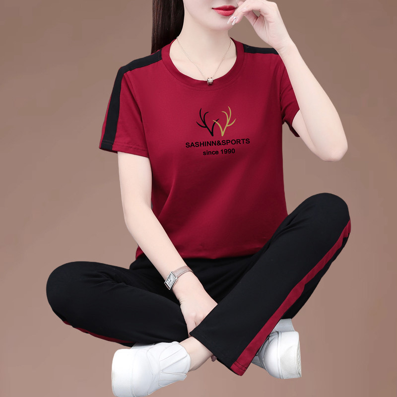 女士纯棉运动套装女夏装2026新款时尚妈妈大码休闲减龄短袖两件套