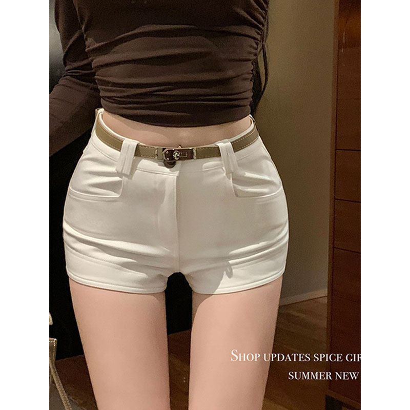 美式白色休闲短裤女夏季高腰紧身弹力裤子卡其色辣妹a字包臀热裤