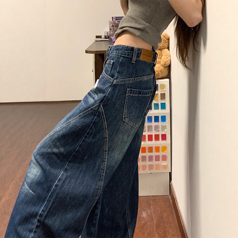 深蓝弯刀阔腿拖地牛仔裤显瘦遮胯