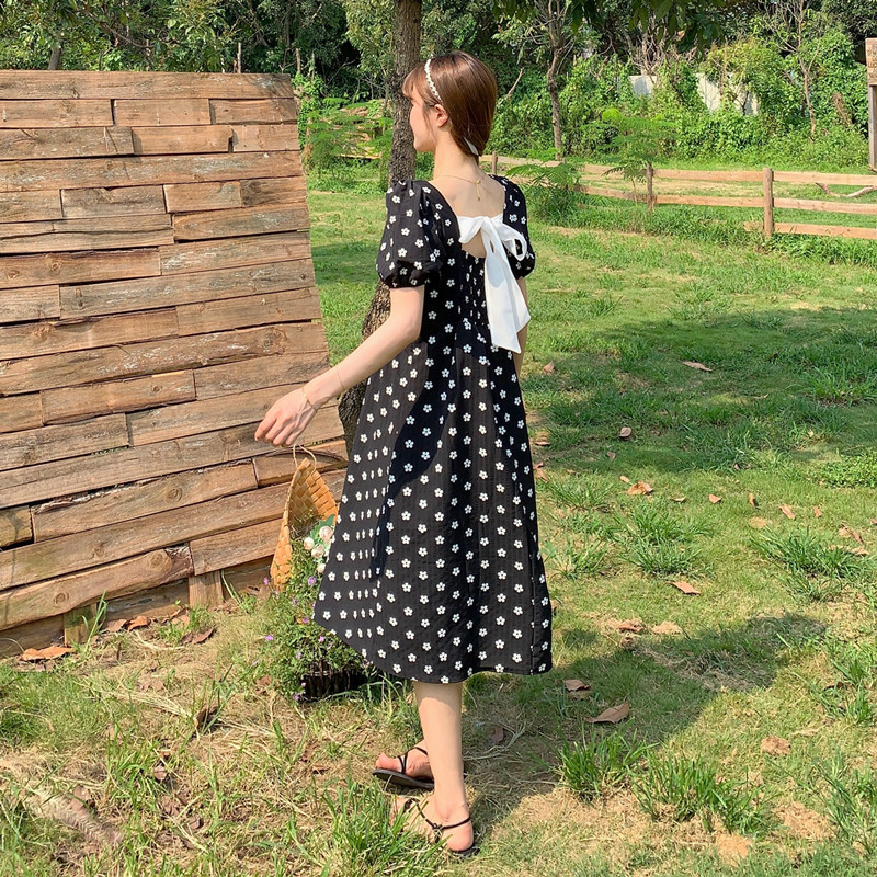 French floral temperament women's summer bow mid length short sleeve Platycodon grandiflorum dress