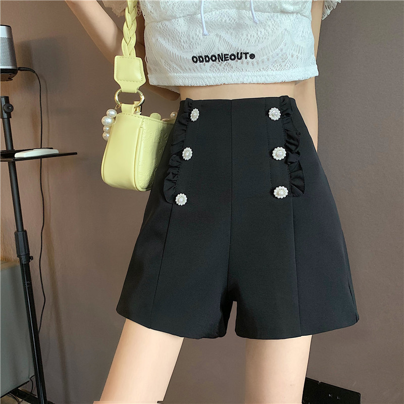 Real price summer women's double breasted pleated ear edge versatile slim high waist A-line wide leg shorts