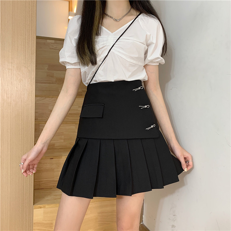 Real shot real price spring and summer Korean Edition temperament versatile design sense high waist show thin pleated skirt A-line bag hip skirt