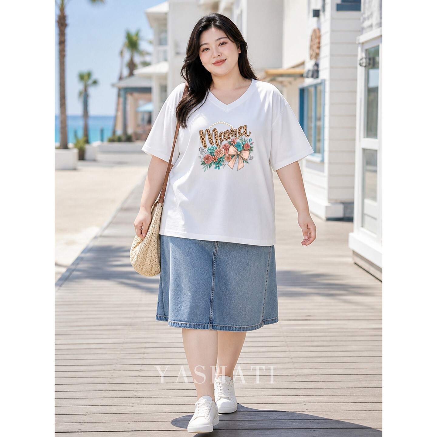 娅莎媞大码女装200斤胖mm字母花束印花宽松遮肚显瘦V领短袖T恤秋