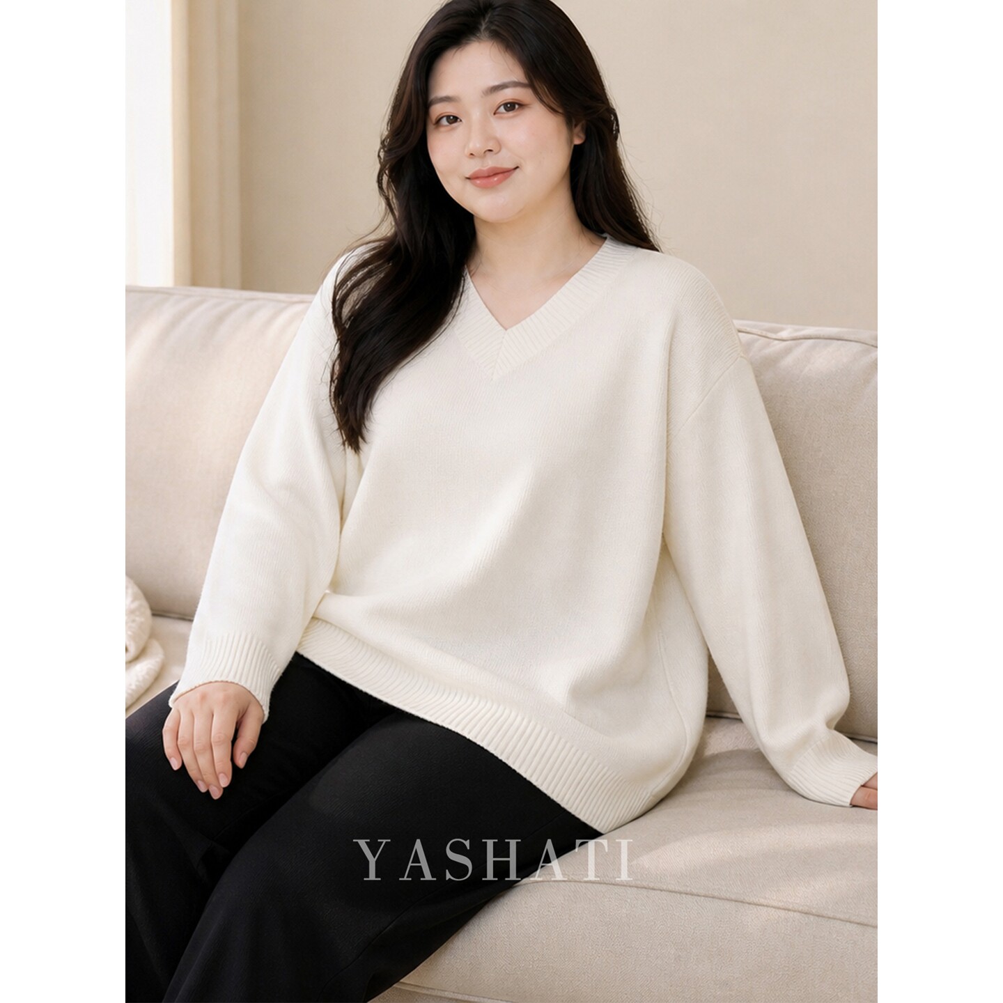 娅莎媞大码女装 200斤胖mm慵懒风宽松显瘦软糯V领针织衫毛衣 女