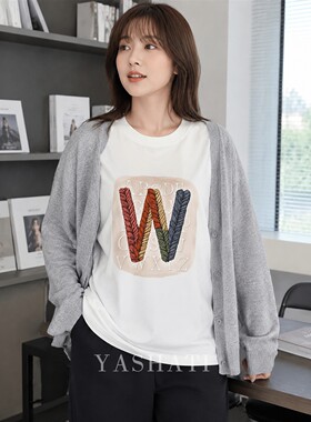 娅莎媞大码女装 200斤胖mm遮肚子显瘦织纹印花圆领T恤上衣 女