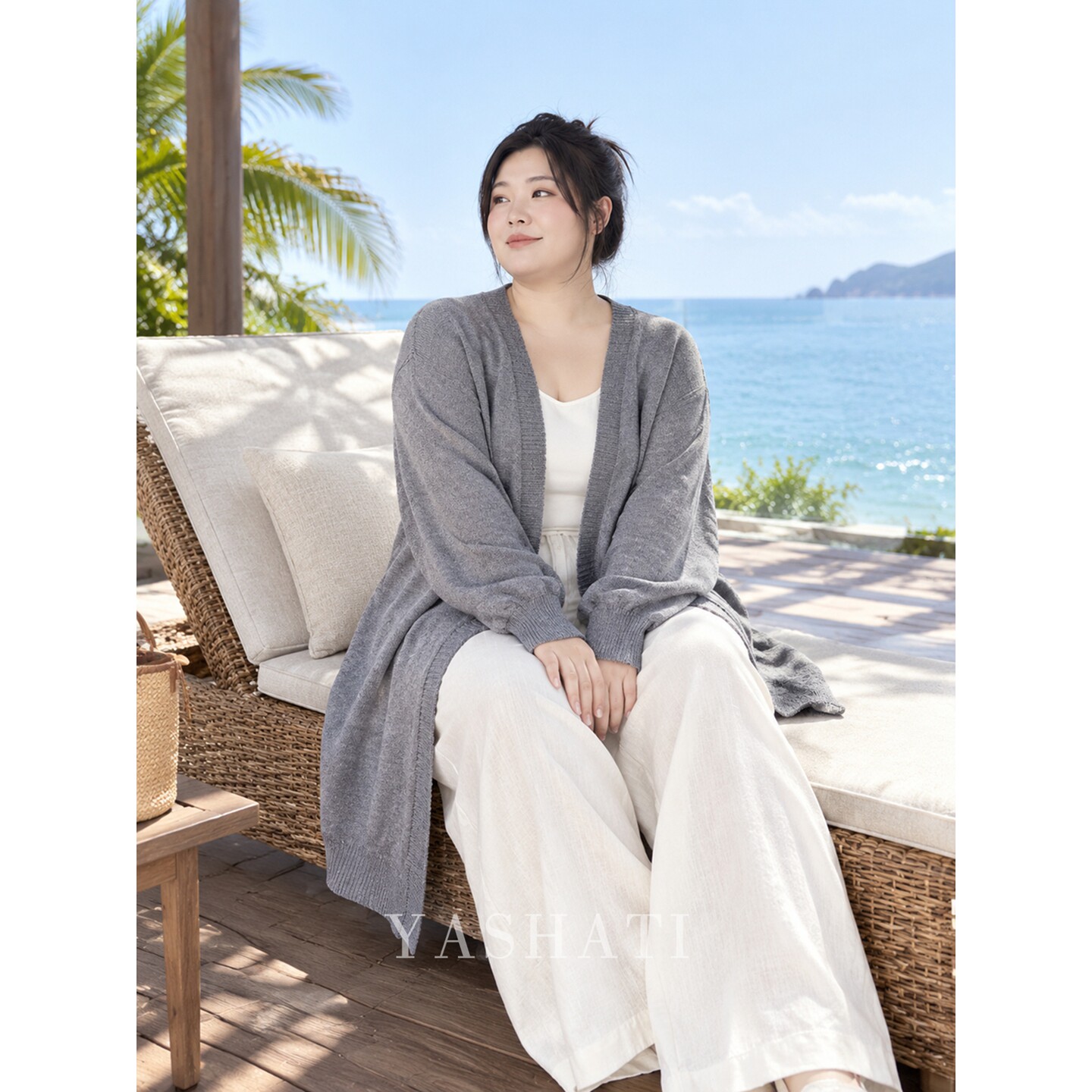 娅莎媞大码女装200斤胖mm秋时髦极简风中长款针织毛衣开衫外套女