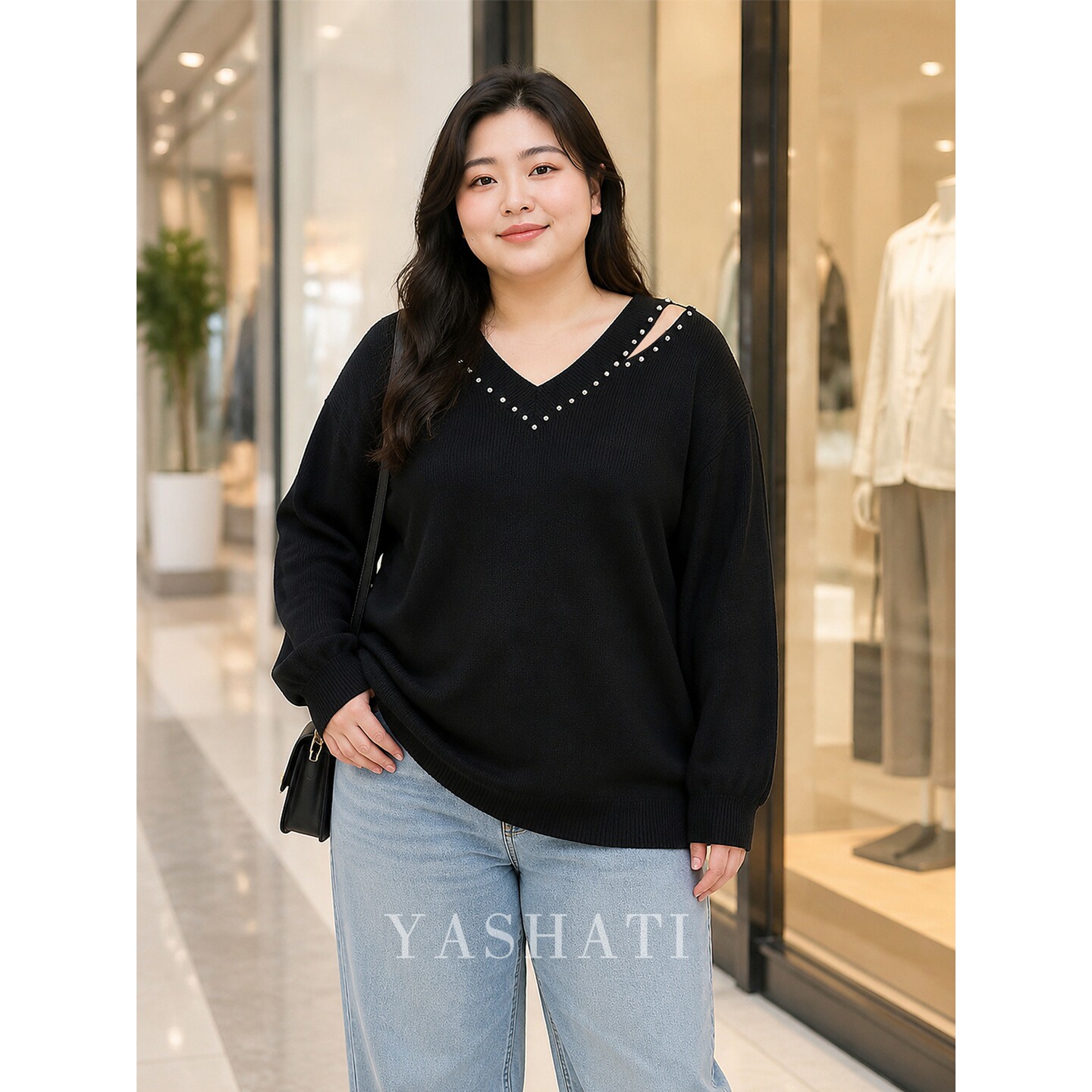 娅莎媞大码大码女装 200斤胖mm黑色V领镂空宽松显瘦针织衫上衣 女