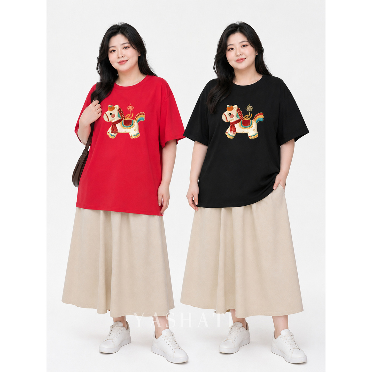 娅莎媞大码女装 国潮风200斤胖mm纯棉卡通印花圆领短袖T恤上衣 女