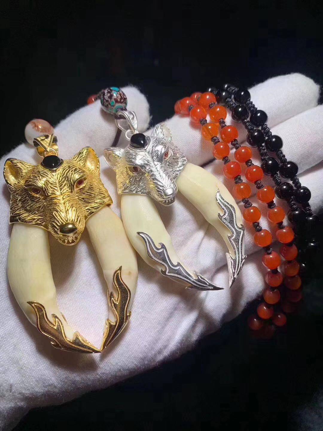 真黑狗牙项链潮人饰品男女藏獒牙手工diy牙吊坠套包纯银镀18k金