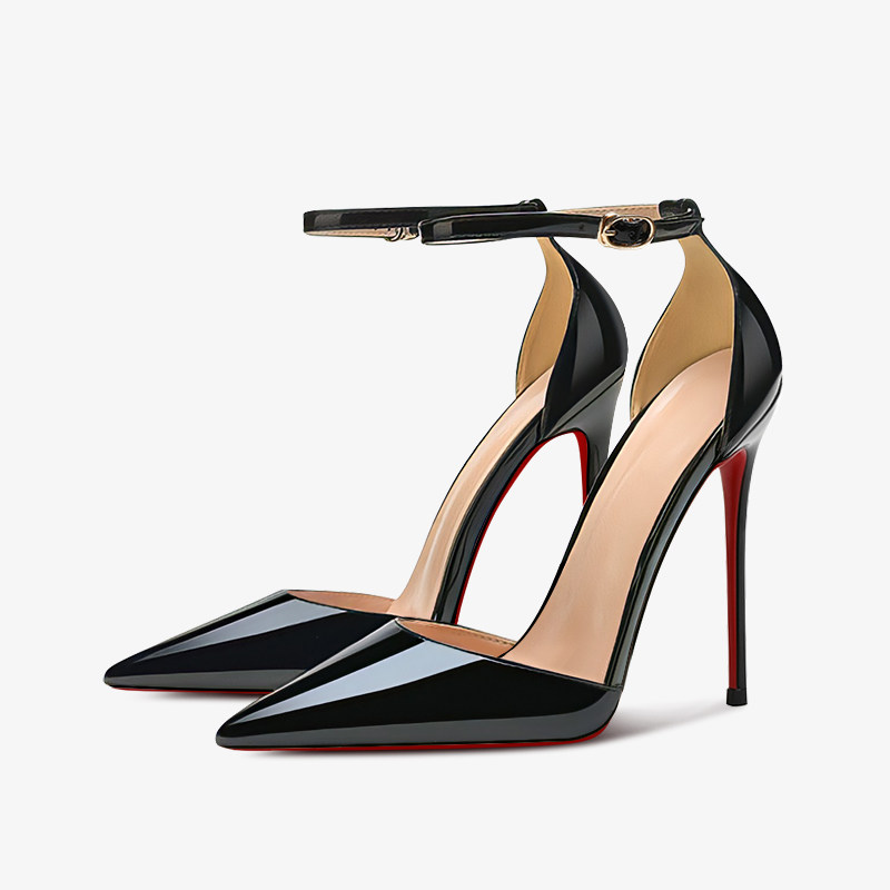 2026年新款黑色一字带红底高跟鞋女细跟超浅口中空包头凉鞋大码鞋