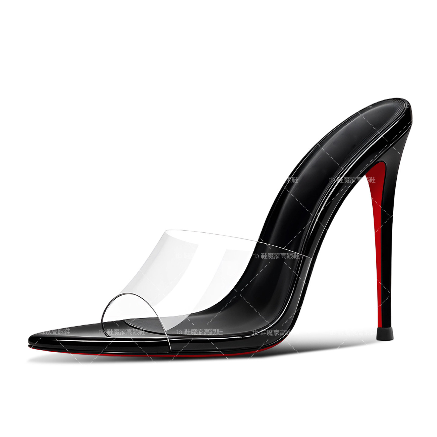 2026新款黑色透明pvc尖头凉拖穆勒鞋红底高跟鞋12cm半拖女夏外穿