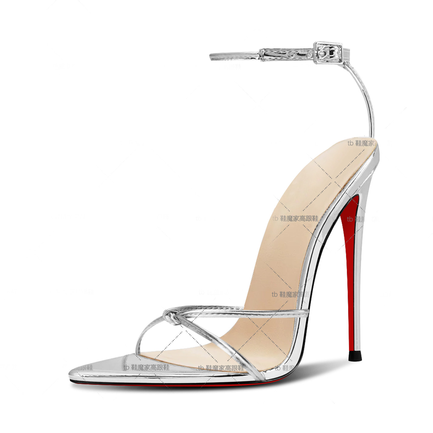 欧洲站银色12cm细跟尖头绑带红底高跟鞋黑色性感一字带扣时装凉鞋